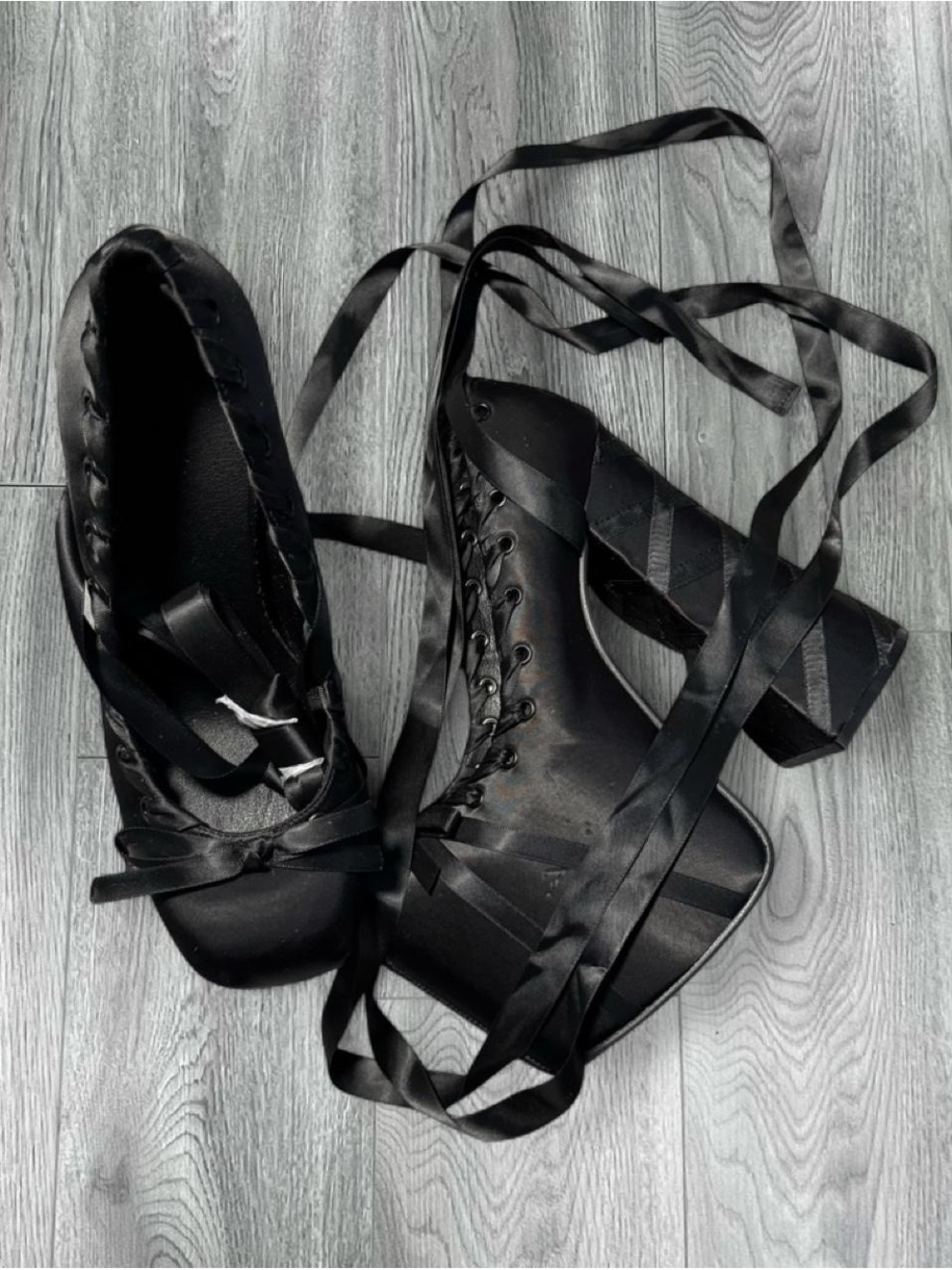 Sugar Thrillz Black Satin Lace-Up Block Heel Ballet Shoes
